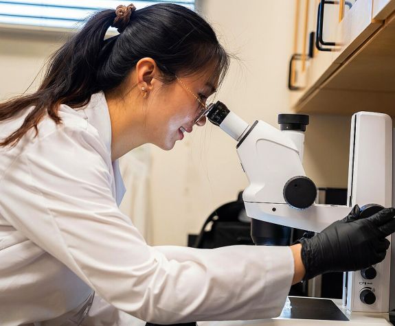 student looking at microscope